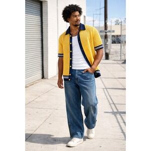 NWT Giovanco Mustard Yellow Knit Polo Sweater Navy Trim Button‎ Front 2X